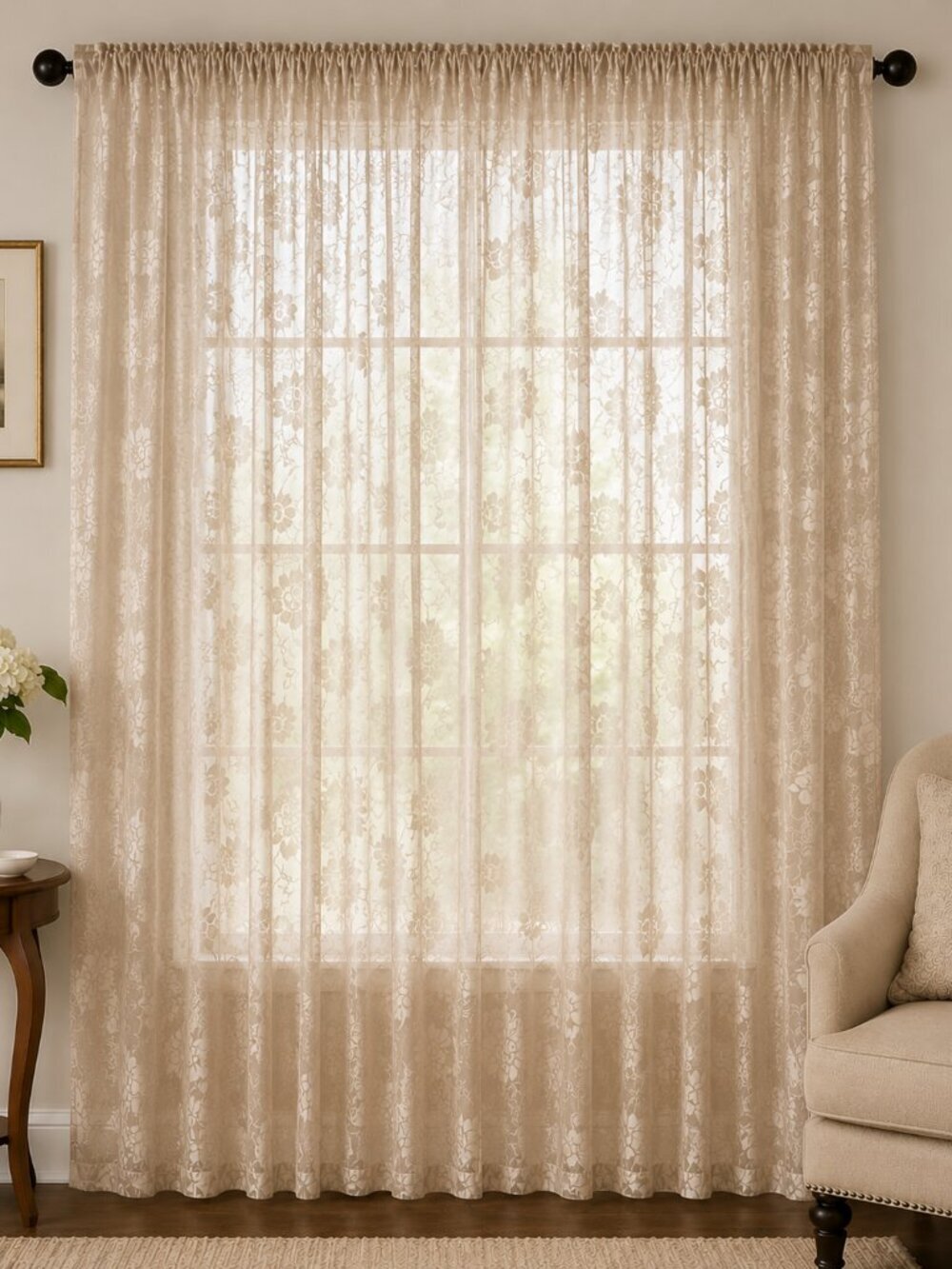 NWT Faux Silk Jacquard Floral Curtain Panel 50" x 96" Taupe/Champa